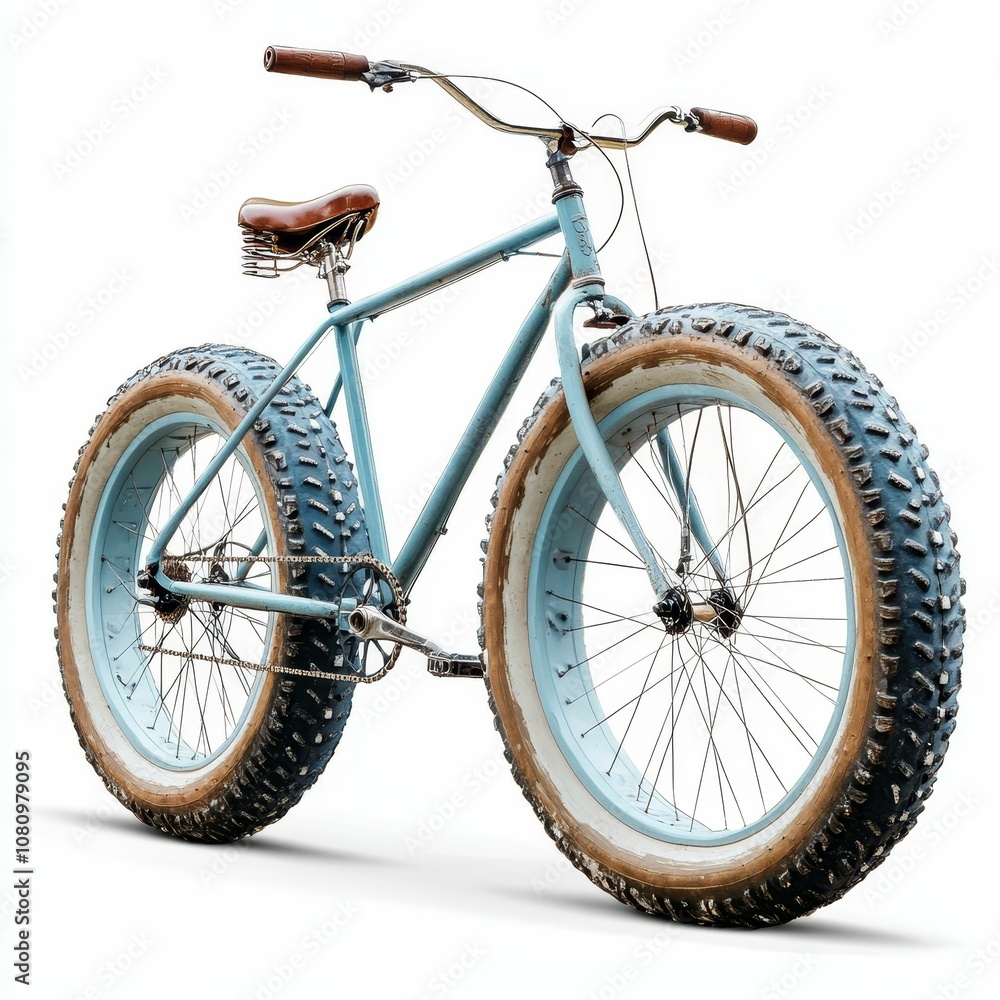 Fototapeta premium Blue bicycle with large tires and brown seat.