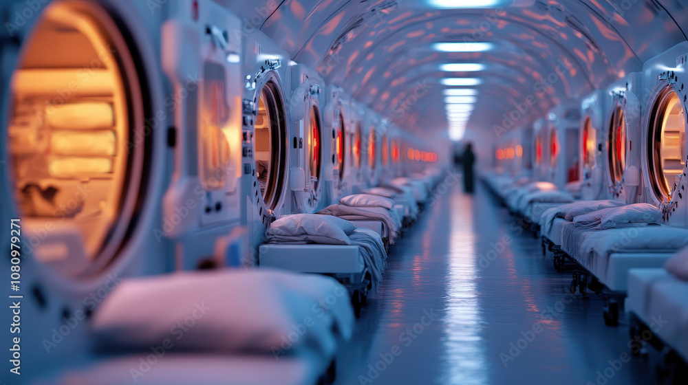 A long corridor of hyperbaric chambers illuminated with a warm glow, each set with a neatly made bed, suggesting a futuristic medical setting or healing center. A long corridor of hyperbaric chambers illuminated with a warm glow, each set with a neatly made bed, suggesting a futuristic medical setting or healing center.