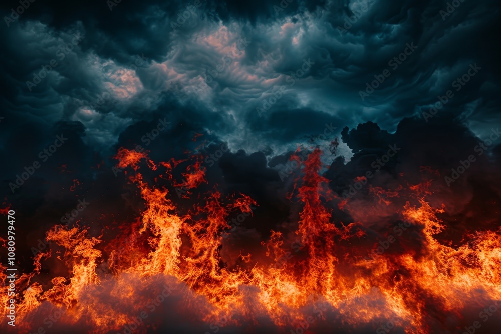 A blazing orange inferno stretches across the bottom of the image, contrasting with the dark, stormy clouds overhead A blazing orange inferno against a darkened sky A blazing orange inferno stretches across the bottom of the image, contrasting with the dark, stormy clouds overhead A blazing orange inferno against a darkened sky