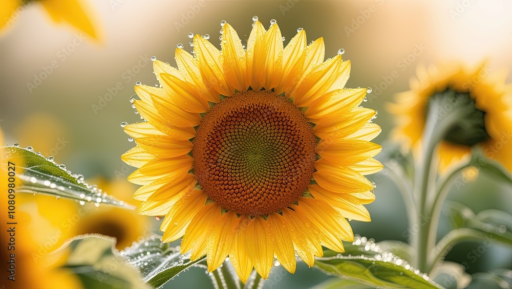 Fototapeta premium A close up of a yellow sunflower with dew drops on its petals