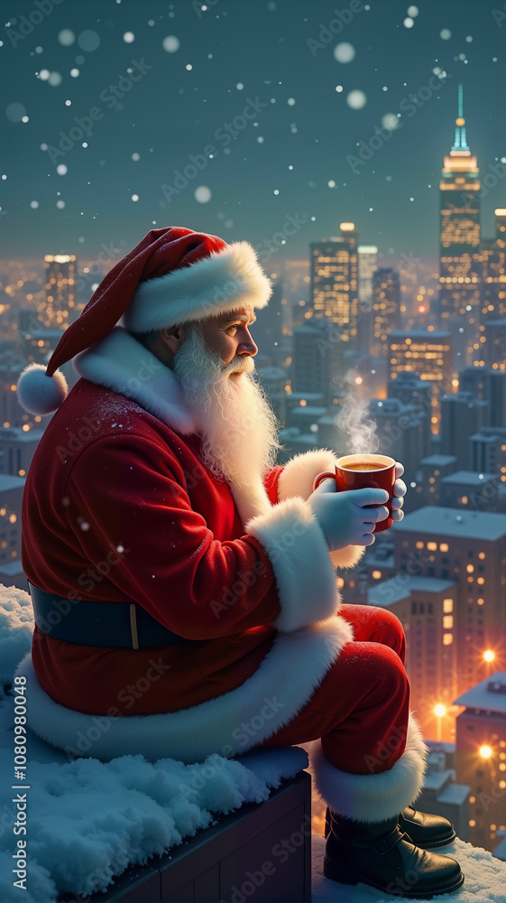 Obraz premium Santa Claus sits on a snowy rooftop, holding a steaming cup, with a city skyline glowing in the background. Ideal for holiday promotions, greeting cards, or seasonal advertising, copy space