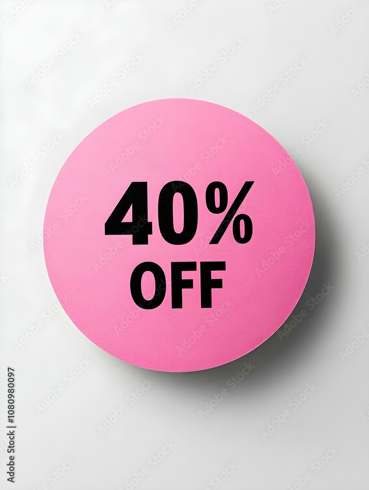 Black '40% OFF' Text on a Pink Round Paper Note. White Background Black '40% OFF' Text on a Pink Round Paper Note. White Background
