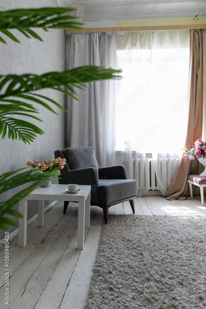 Fototapeta premium Interior of an empty light gray room with a window