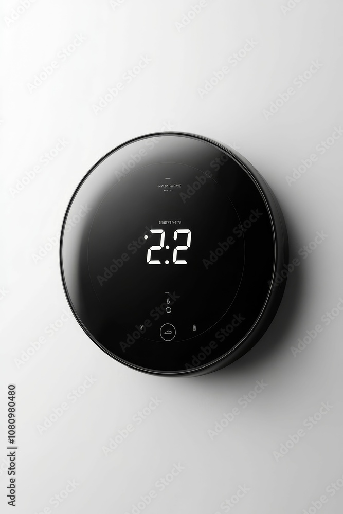 Black round digital thermostat on white wall. Black round digital thermostat on white wall.