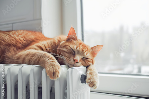 Ginger cat sleeping on a radiator in a modern flat, heating sesaon concept photo