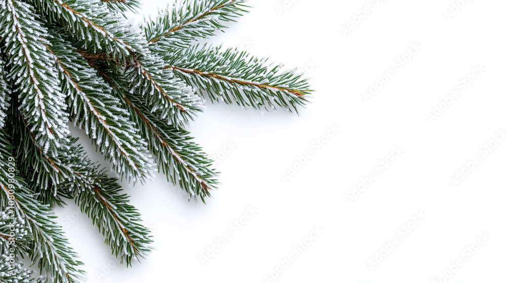 Christmas tree branch covered with frost and snow on a white background with space for text. Christmas tree branch covered with frost and snow on a white background with space for text.