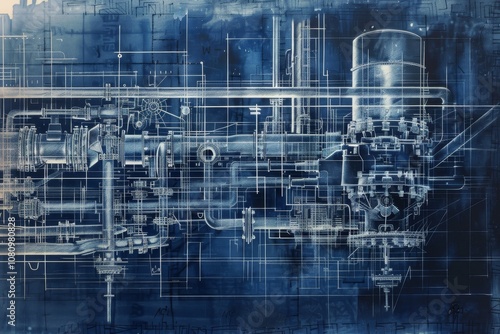 A blueprint sketch of a complex machinery system, featuring intricate piping, valves, and components A blueprint sketch of a complex machinery system