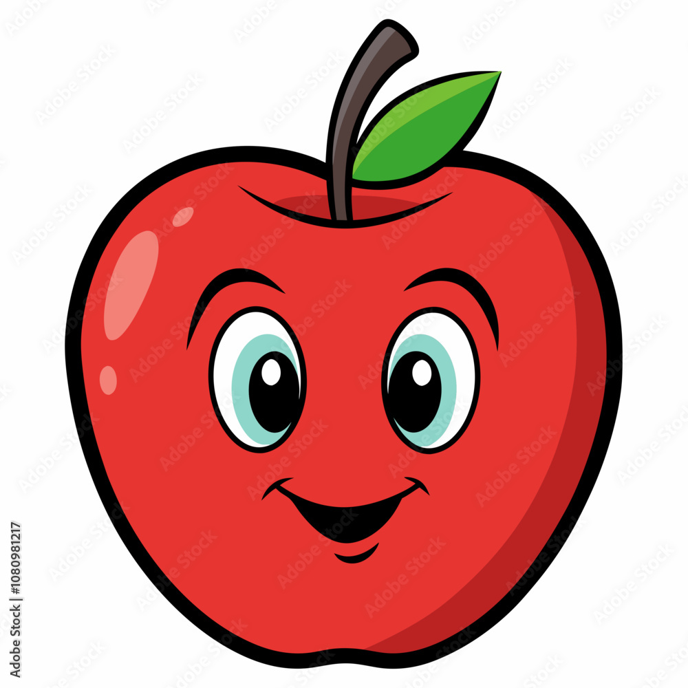 Obraz premium Smiling red apple cartoon character illustration with a happy face and green leaf