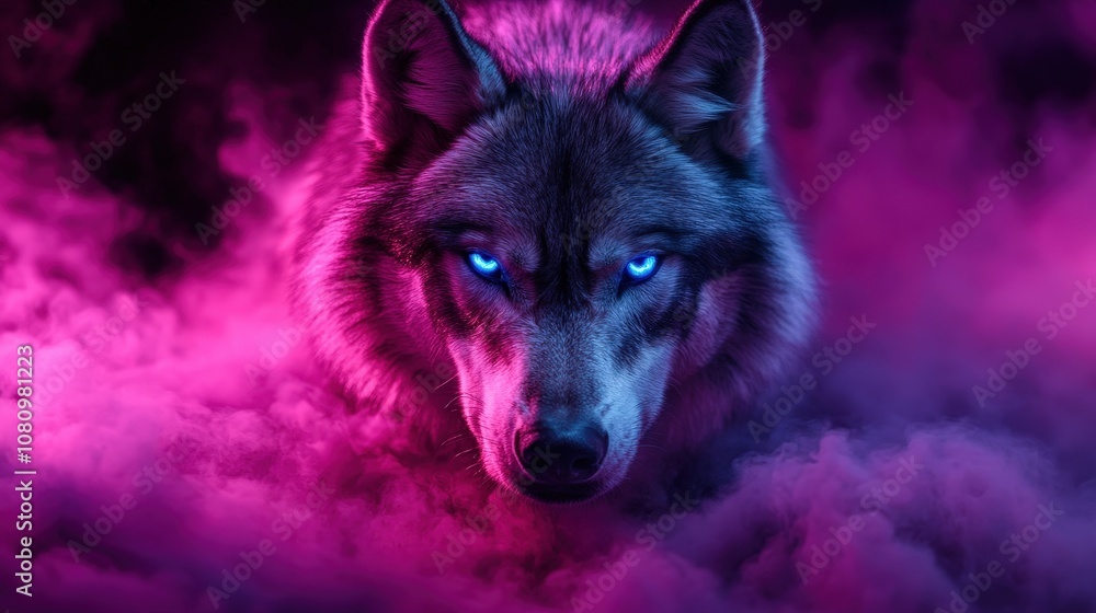 Obraz premium The fierce gaze of a wolf with bright blue eyes stands out amid a swirling cloud of vibrant pink mist, creating a scene of wild beauty and intensity.