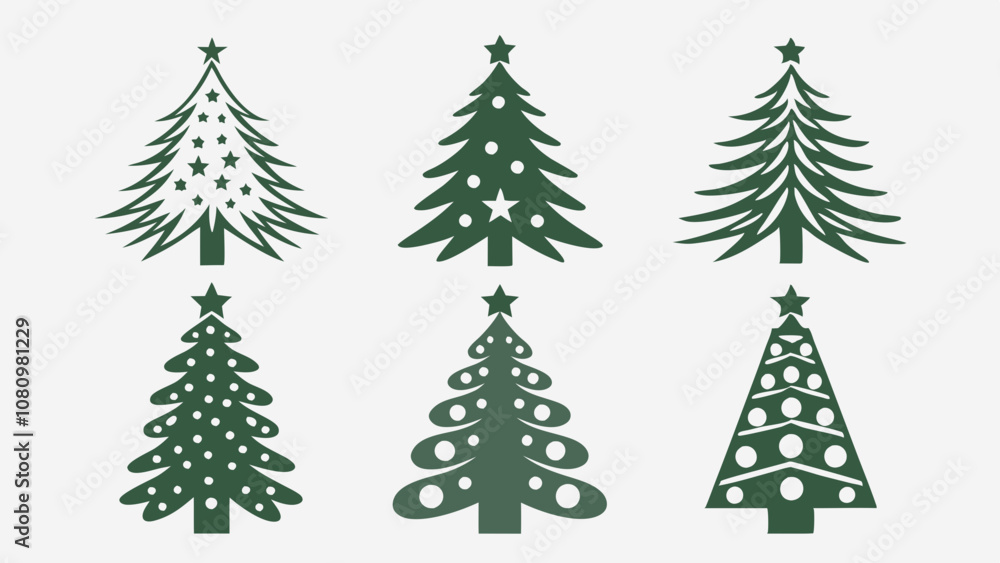 Obraz premium Christmas Tree Icons: A festive set of eight unique Christmas tree icons in green and gold, perfect for adding a touch of holiday cheer to your designs.