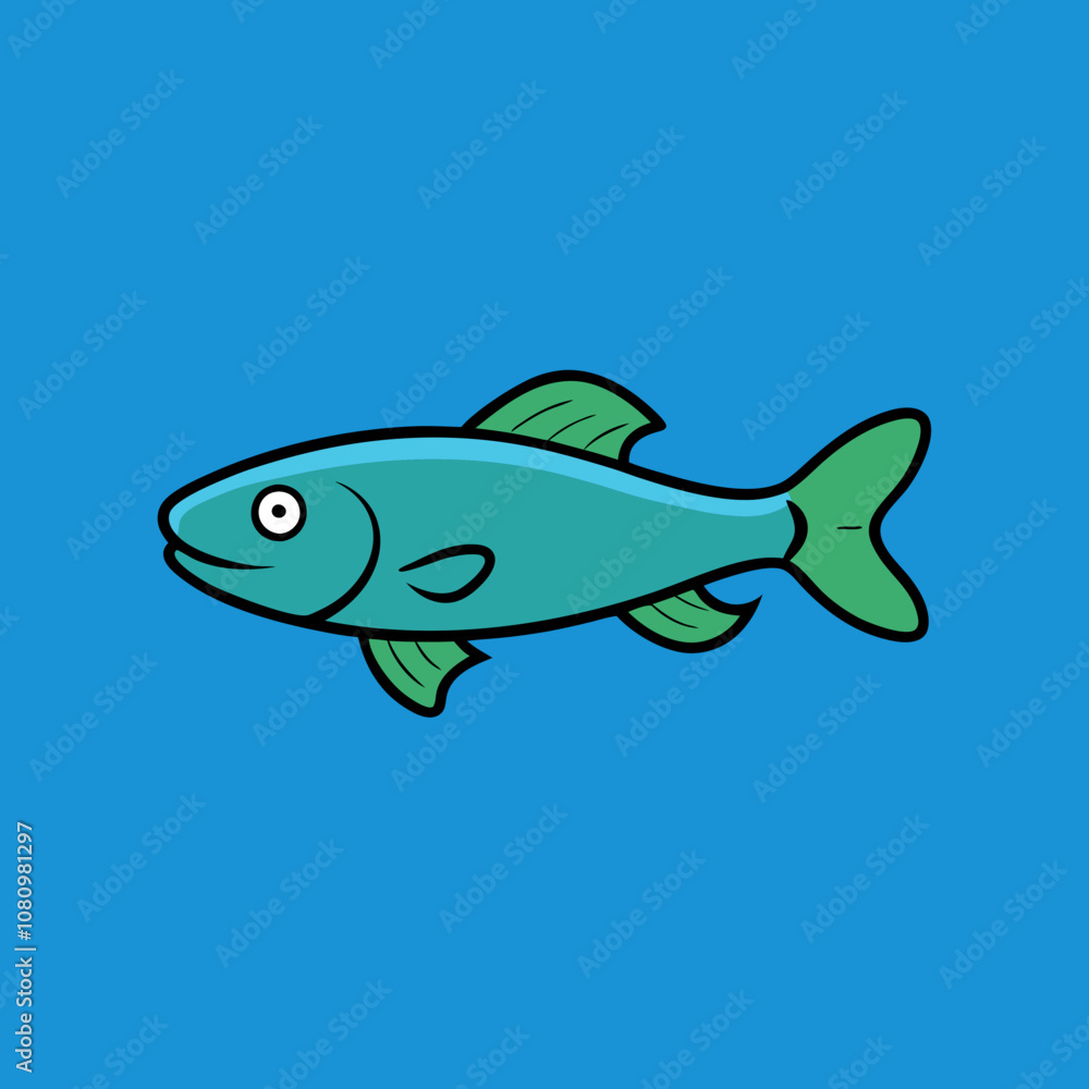 Cute Cartoon Fish on Blue Background: A cheerful,  blue and green cartoon fish swims happily against a vibrant blue background, perfect for branding, websites, and children's products. 