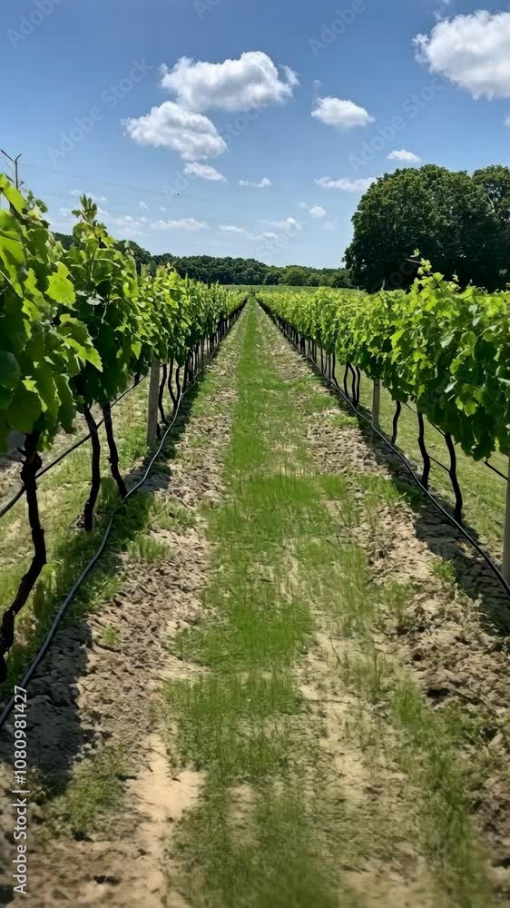 A path leads through a vineyard on a sunny day