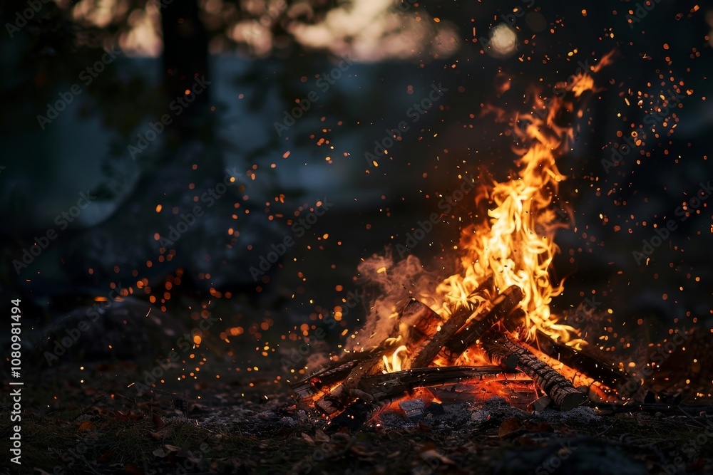 A crackling campfire in the woods under a starry night sky A bonfire crackling in the crisp evening air A crackling campfire in the woods under a starry night sky A bonfire crackling in the crisp evening air