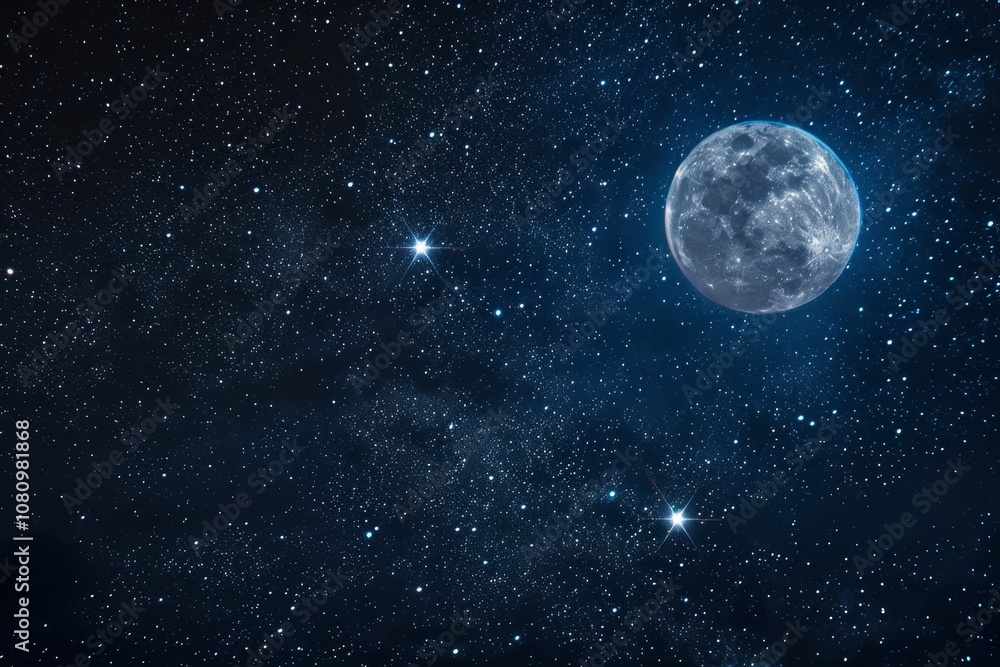 Fototapeta premium A breathtaking view of a starry night sky with a full moon shining brightly A breathtaking starry night sky, with shimmering constellations and a full moon