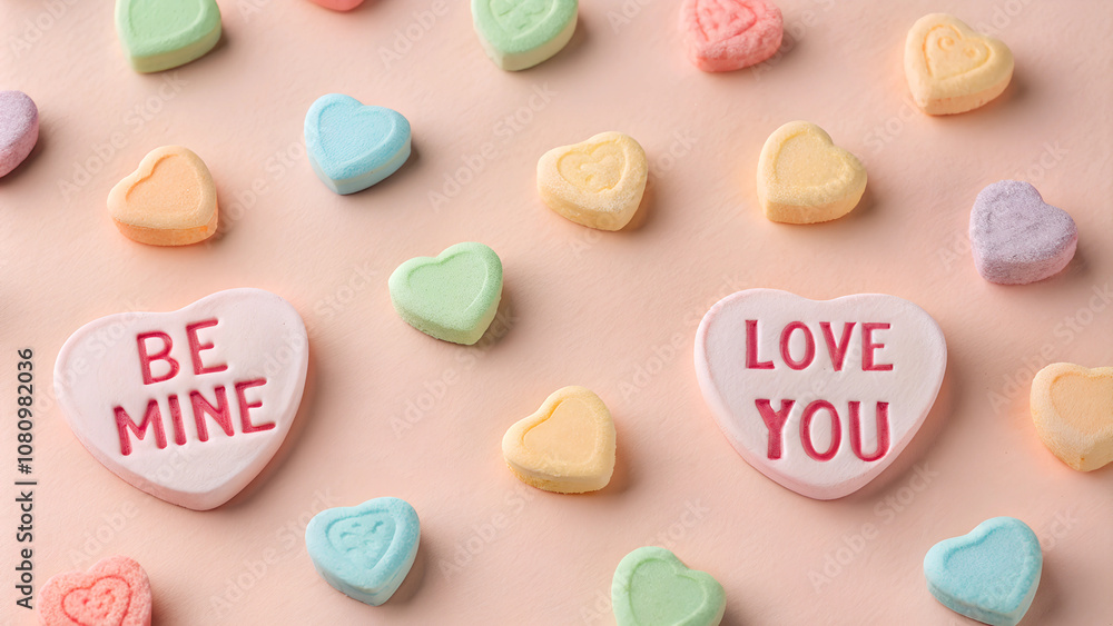 Candy Hearts Background, Pastel-Colored Heart Candies with Playful Messages on Light Pink Background Candy Hearts Background, Pastel-Colored Heart Candies with Playful Messages on Light Pink Background