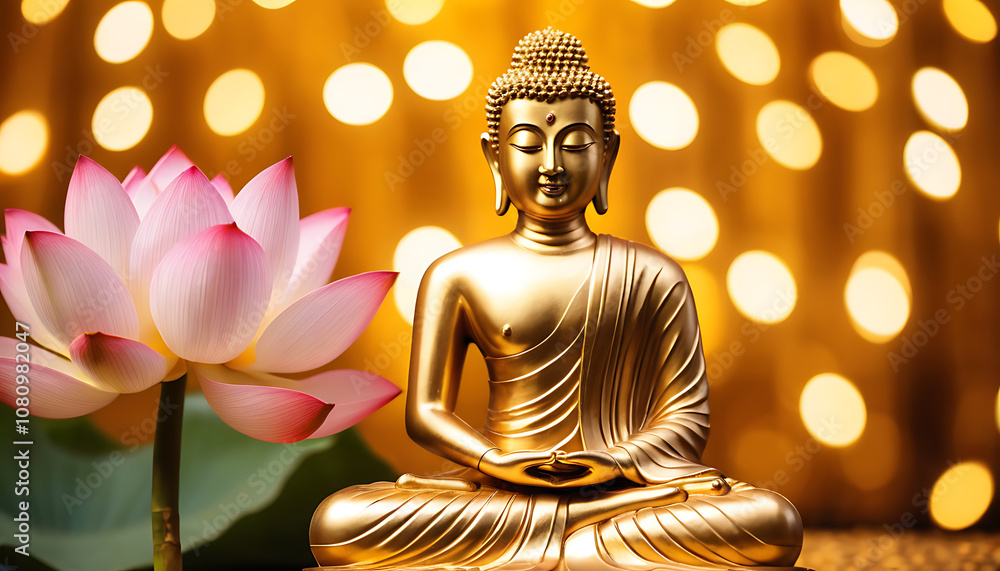 Fototapeta premium Thai golden Buddha statue and lotus flower. heaven background