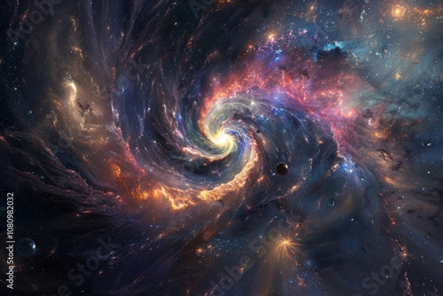 A digital artwork depicting a vibrant, colorful spiral galaxy from the edge of the universe A breathtaking view of a spiral galaxy from the edge of a cosmic black hole