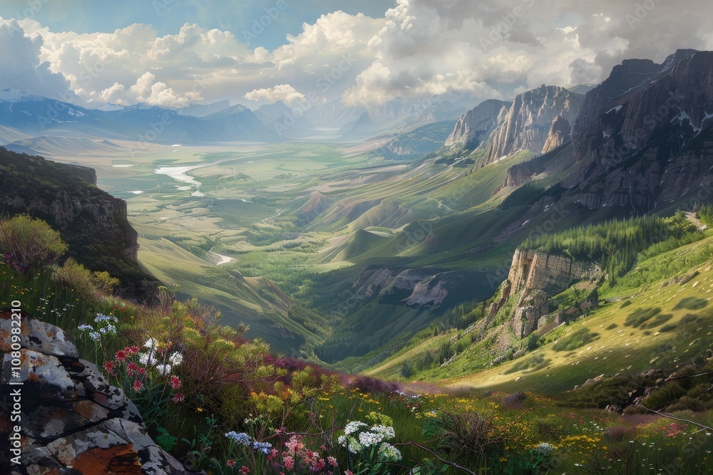 Naklejka premium A stunning view of a lush valley below, captured from a mountaintop A breathtaking vista of a valley below from a high ridge