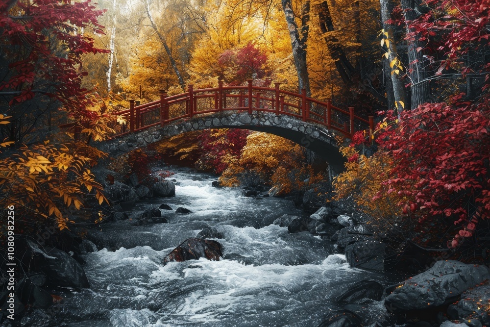 A stone bridge with red railings spans a swiftly flowing stream in a forest with autumn leaves in vibrant reds and yellows A bridge over a bubbling stream surrounded by crimson and gold trees A stone bridge with red railings spans a swiftly flowing stream in a forest with autumn leaves in vibrant reds and yellows A bridge over a bubbling stream surrounded by crimson and gold trees