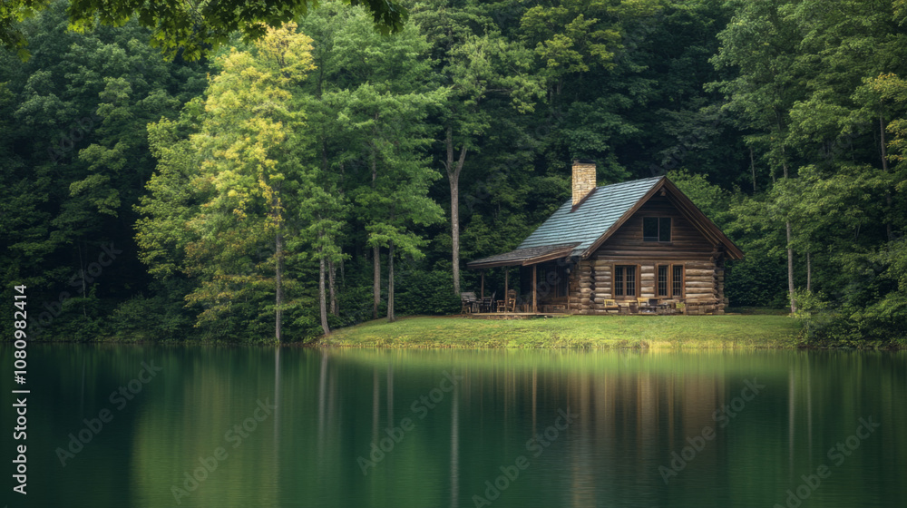 Fototapeta premium Log cabin by secluded lake 