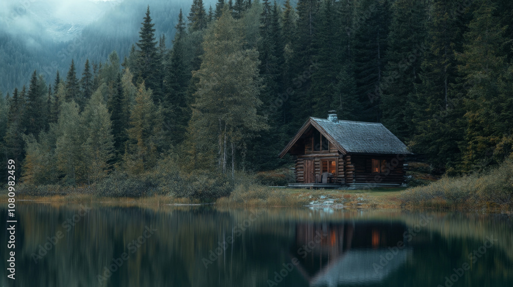 Obraz premium Log cabin by secluded lake 
