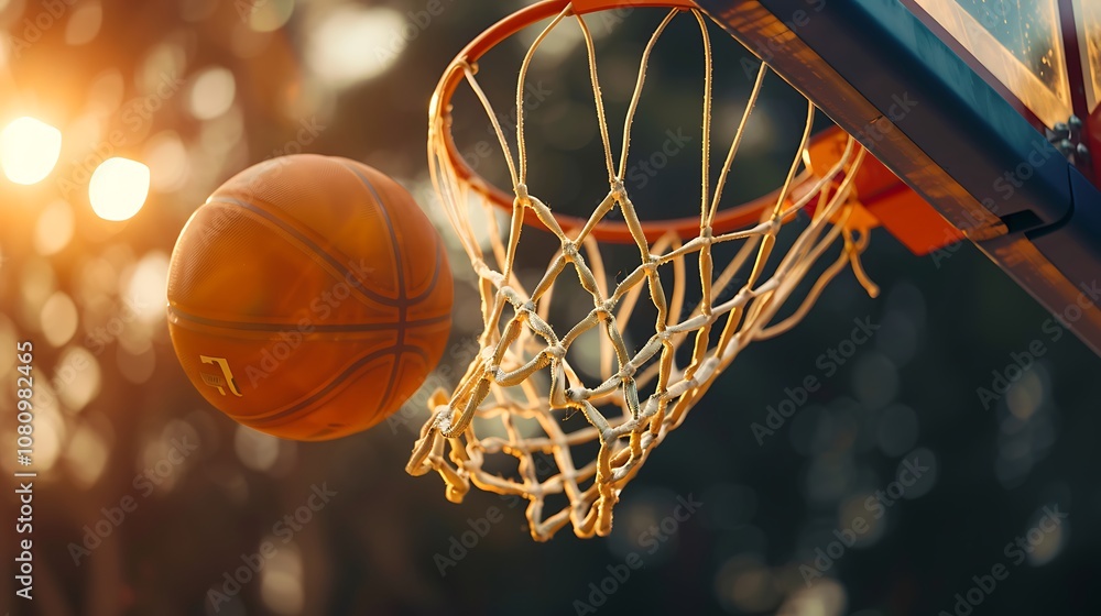 A close-up of a basketball swishing through a net with a blurred background of a basketball court. A close-up of a basketball swishing through a net with a blurred background of a basketball court.