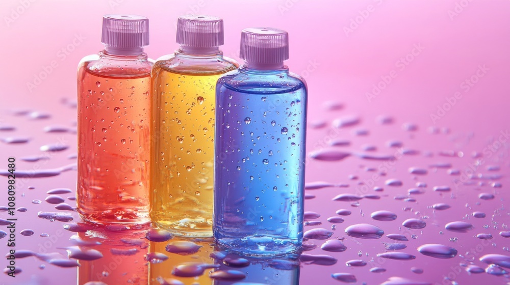 Colorful Liquid Bottles on Pink Background Colorful Liquid Bottles on Pink Background