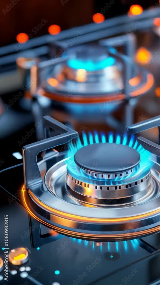 Flame ignites on a modern gas cooktop during evening cooking session at home. Vertical video Flame ignites on a modern gas cooktop during evening cooking session at home. Vertical video