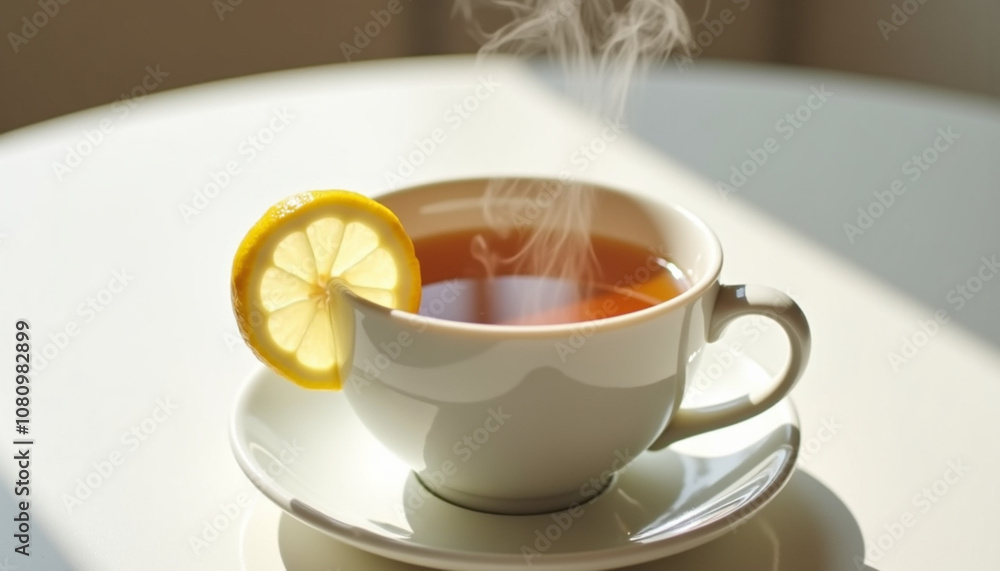 steaming cup of tea with lemon slice on white table in bright sunlight