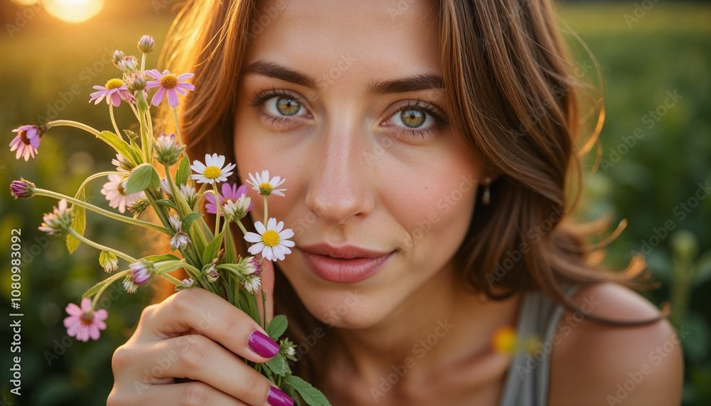 Young woman holding wildflowers, smiling with joy during sunset in a field with warm atmosphere Young woman holding wildflowers, smiling with joy during sunset in a field with warm atmosphere