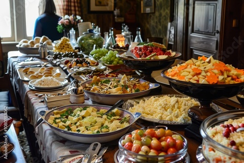 A table laden with a variety of foods for a family reunion A buffet spread at a family reunion, with everyone serving themselves and catching up