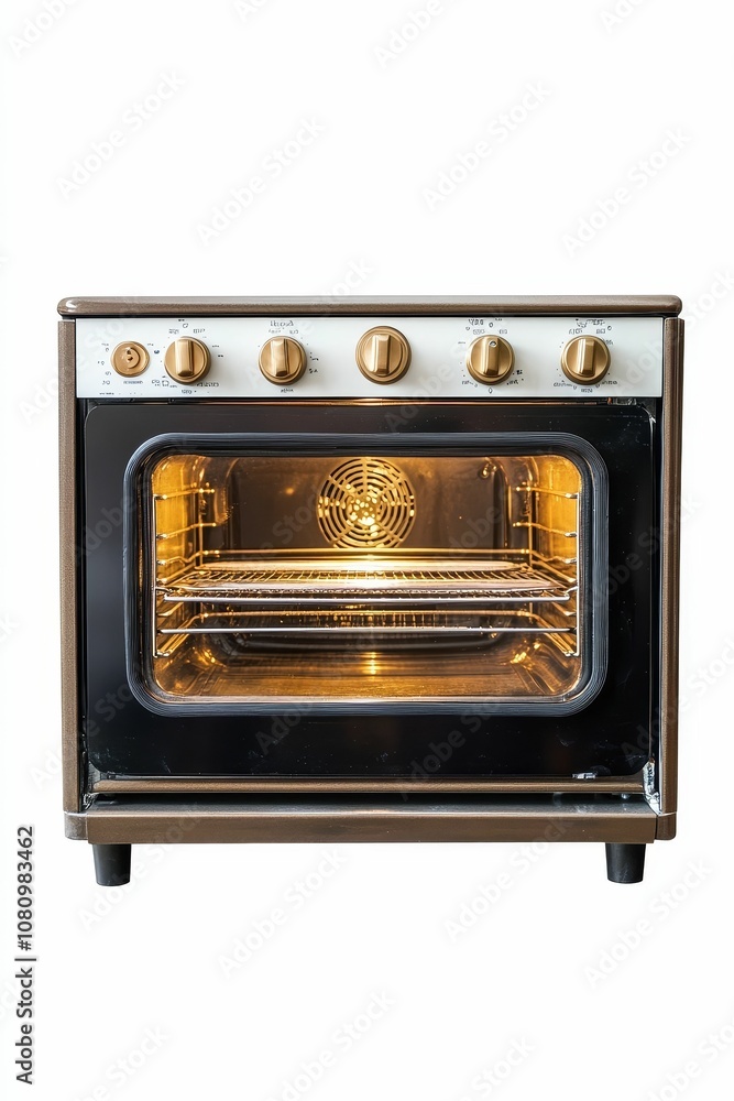 Brown oven with glowing interior and knobs. Brown oven with glowing interior and knobs.