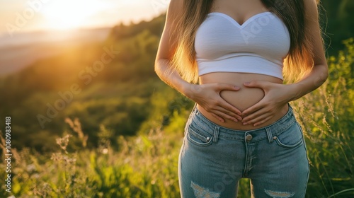 Young woman makes a heart shape with her hands on her stomach on the background of nature. Concept of health care.