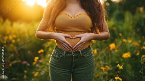 Woman makes a heart shape with her hands on her belly on the background of nature. Concept of health care.