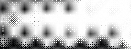 Pixel dithering gradient. Bitmap texture background. Black and white random pixels pattern. Retro glitchy vector art illustration. Monochromatic dissolve effect. 8 bit video game screen wallpaper.