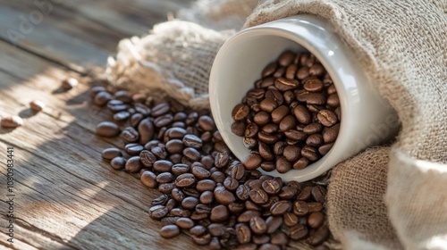 Roasted Coffee Beans in a Cup on Wooden Surface