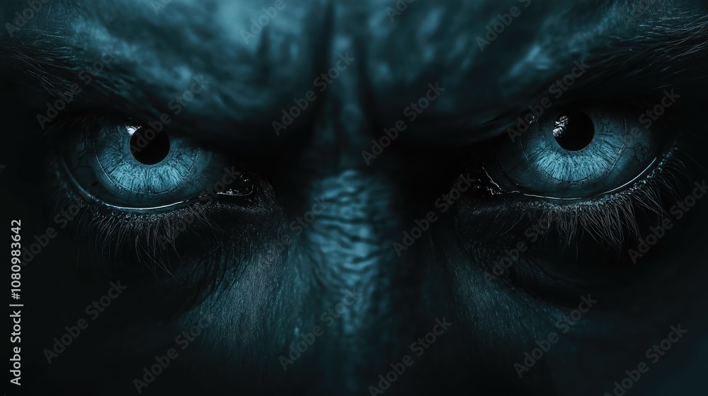 Blue eyes of a man monster in the darkness. Close-up. Terrible eyes. Blue eyes of a man monster in the darkness. Close-up. Terrible eyes.