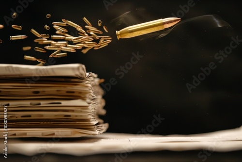 A single bullet passes through a stack of papers, scattering smaller bullets in its wake A bullet passing through a stack of papers, scattering them in the air photo