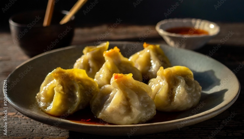 A Moody Shot of Guotie Dumplings Steamed to Perfection, With Crispy Golden Edges and a Side of Chili Oil Dipping Sauce, Captured in Dramatic Low Lighting A Moody Shot of Guotie Dumplings Steamed to Perfection, With Crispy Golden Edges and a Side of Chili Oil Dipping Sauce, Captured in Dramatic Low Lighting