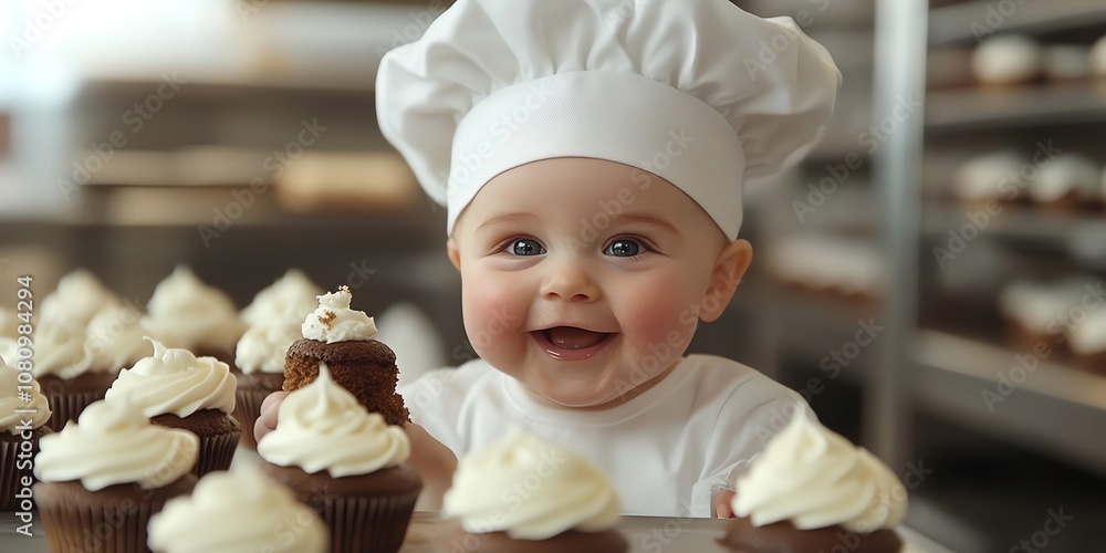 A baby wearing a chef's hat smiles at the camera, surrounded by cupcakes in a bakery. A baby wearing a chef's hat smiles at the camera, surrounded by cupcakes in a bakery.