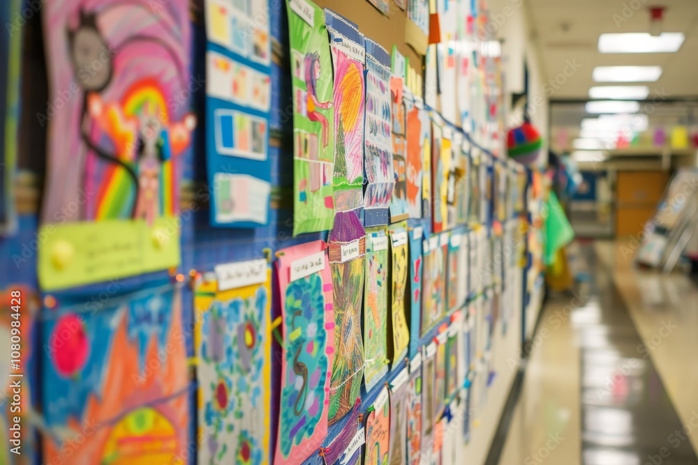 Fototapeta premium A bulletin board in a school hallway is covered in colorful student artwork A bulletin board filled with student artwork and achievements