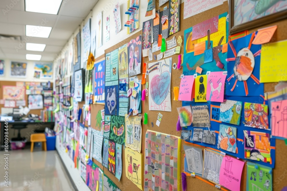 Obraz premium A hallway bulletin board displays vibrant artwork created by students, showcasing their creativity and talent A bulletin board filled with student artwork and achievements