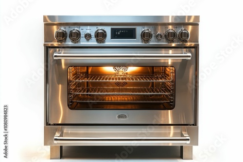 Stainless steel oven with glowing interior.