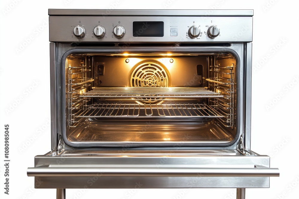 Empty stainless steel oven with door open. Empty stainless steel oven with door open.