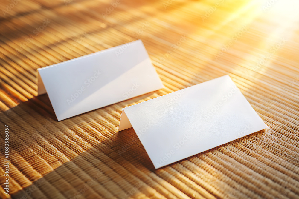 Close up of white business cards mock up, template for design copy space. With warm sunny light and shadows Close up of white business cards mock up, template for design copy space. With warm sunny light and shadows