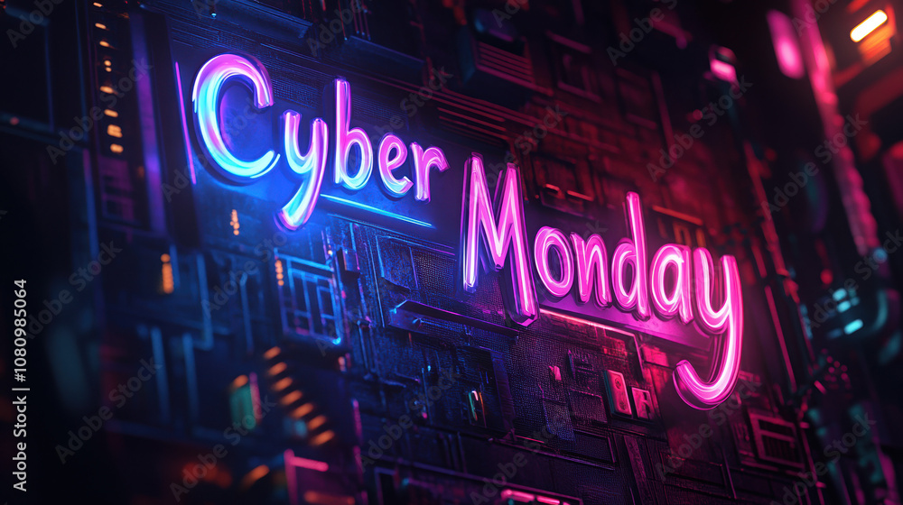 Dynamic 'Cyber Monday' neon sign glowing against a tech-inspired background, ideal for marketing and promotional materials. Dynamic 'Cyber Monday' neon sign glowing against a tech-inspired background, ideal for marketing and promotional materials.