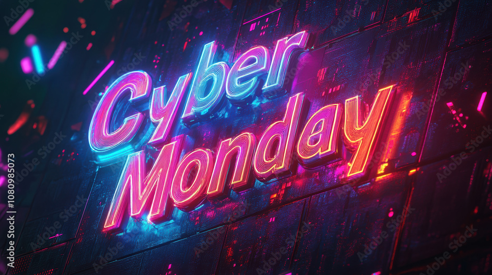 Neon 'Cyber Monday' text shining brightly in a colorful environment, perfect for capturing the essence of online shopping sales. Neon 'Cyber Monday' text shining brightly in a colorful environment, perfect for capturing the essence of online shopping sales.