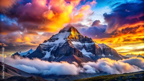 Stunning Sunset Over Majestic Mountain Peak with Colorful Clouds