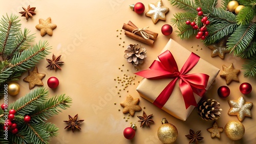 Festive Christmas Gift with Decorations and Fir Branches