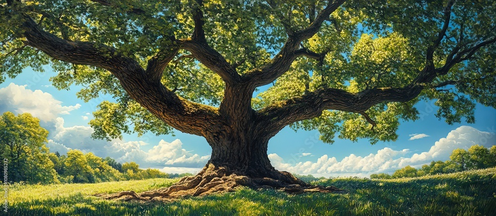 A majestic tree with lush green leaves in a sunny landscape. A majestic tree with lush green leaves in a sunny landscape.